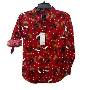 Cactus Boys Red Reindeer Roll Tab Button Down Shirt 11/12 NWT